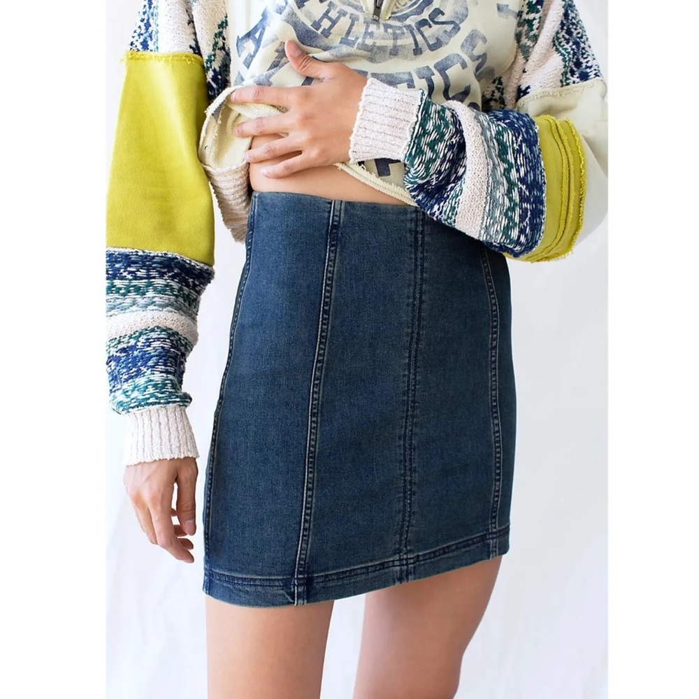 Free People Modern Femme Skirt Womens Blue Denim Stretch Mini Pencil Size 12